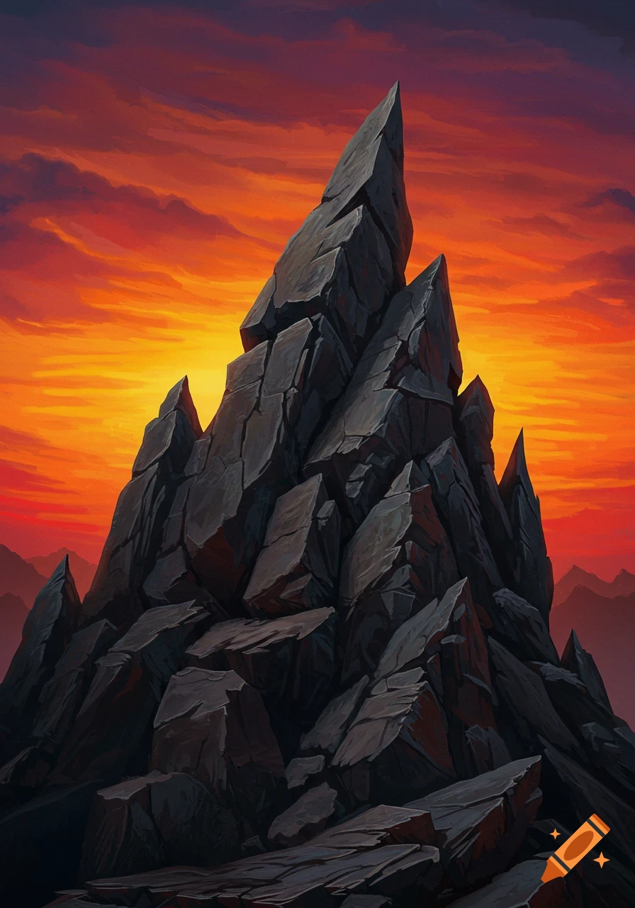 A jagged rock formation stands tall against a dramatic orange and red sunset sky.