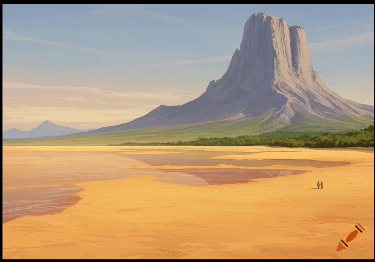 A landscape painting featuring a towering mountain, a vast plain, and a line of trees with two small people.