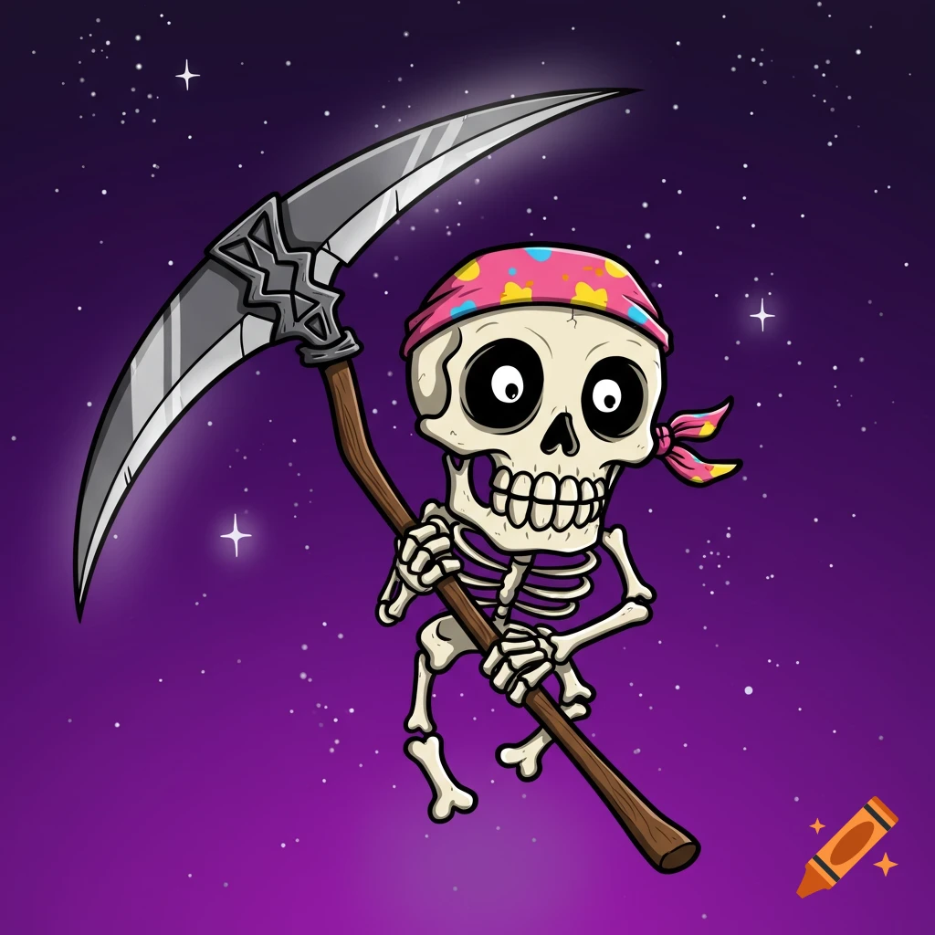 Cartoon skeleton holding a scythe against a purple starry background