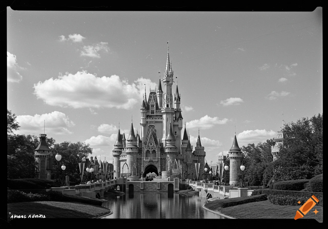 A black and white photograph of a large castle with spires reflected in a body of water.