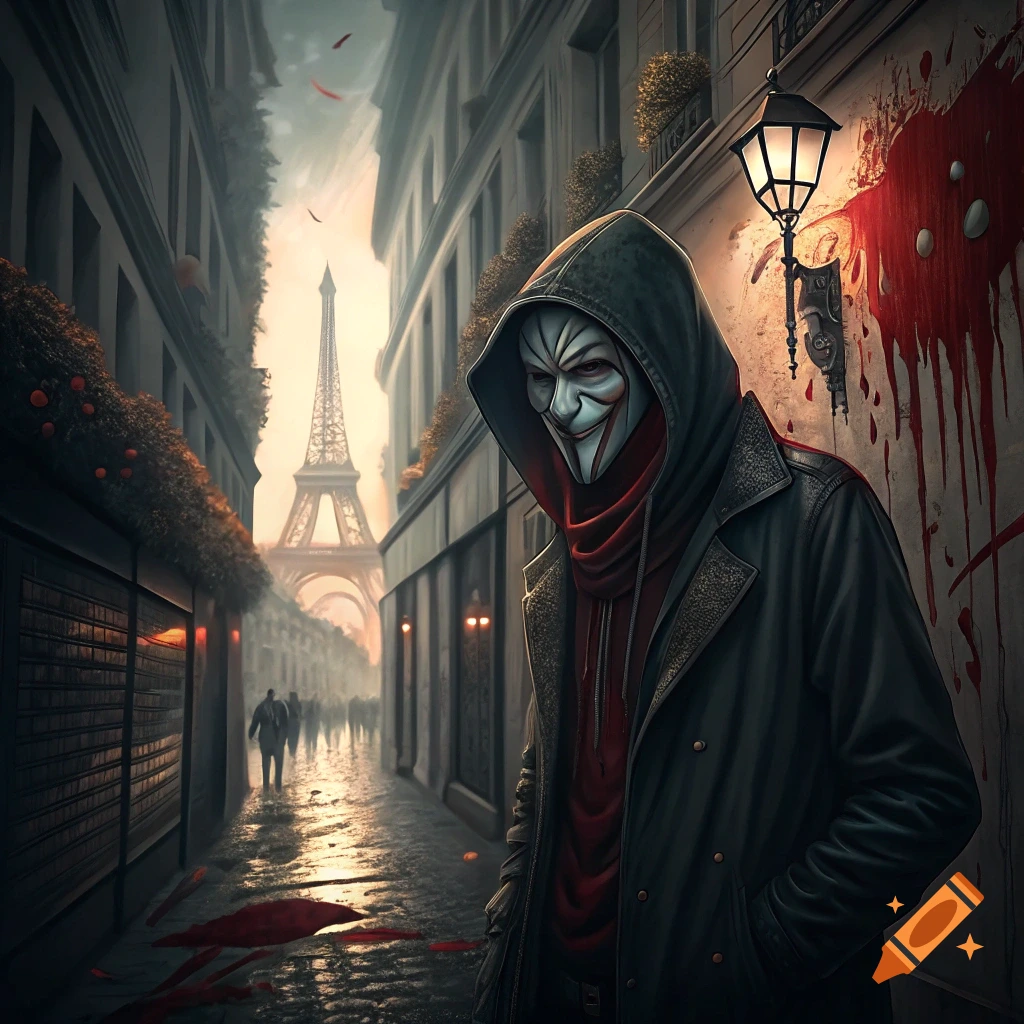 Masked figure in coat on a bloody Paris street with Eiffel Tower in background