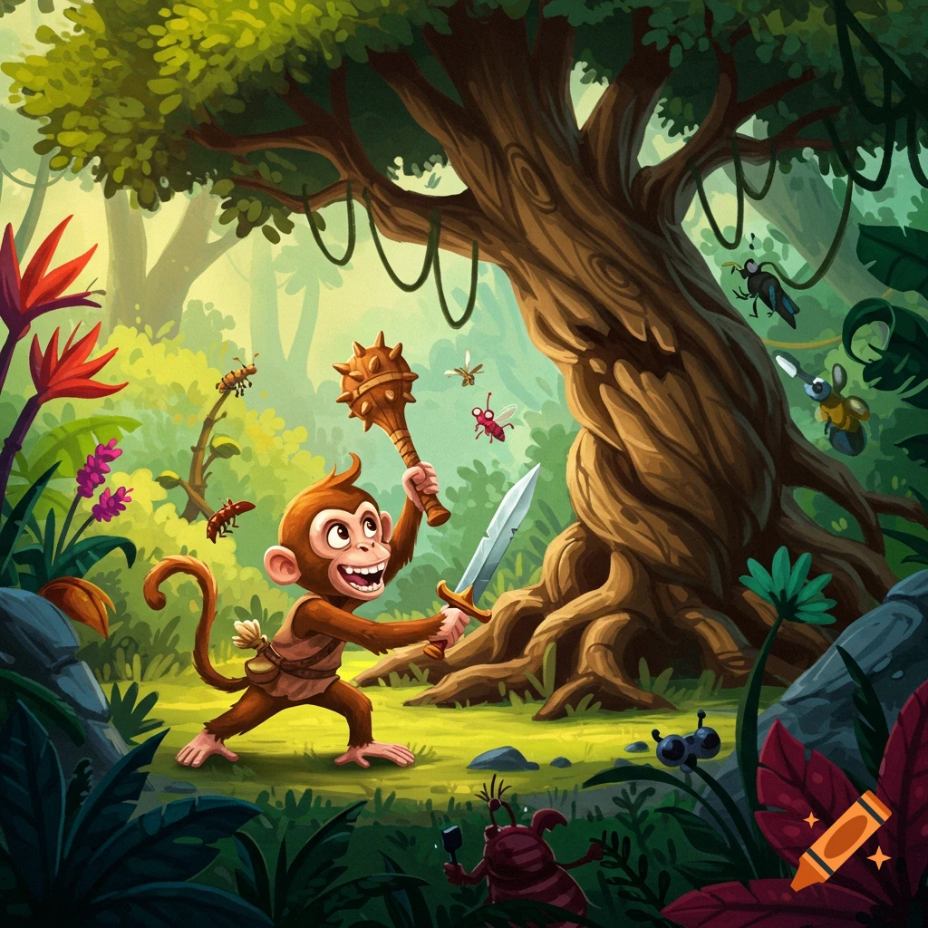 Cartoon monkey with sword and club in a jungle, ready to fight a tree, illustration