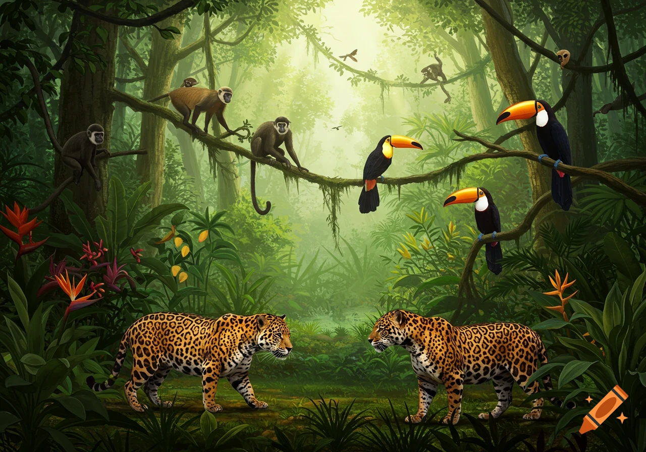 A rainforest with jaguars, monkeys, and toucans.