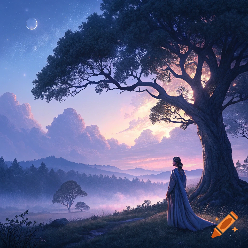 Woman stands under large tree in mystical landscape at dusk.