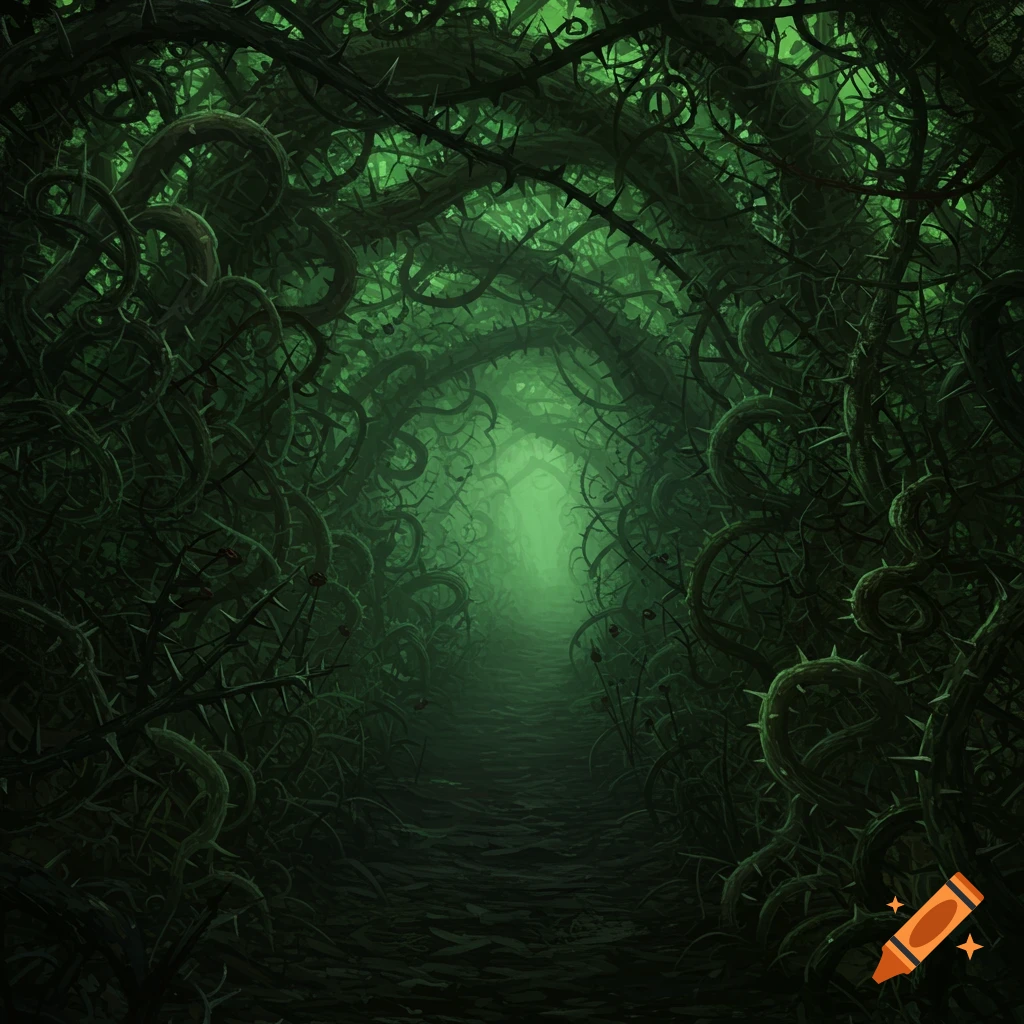 A dark path winds through a dense, thorny tunnel of green vines and branches.
