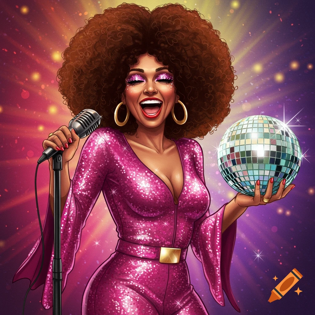 A woman with a large afro in a sparkly pink jumpsuit is singing with a microphone and holding a disco ball.