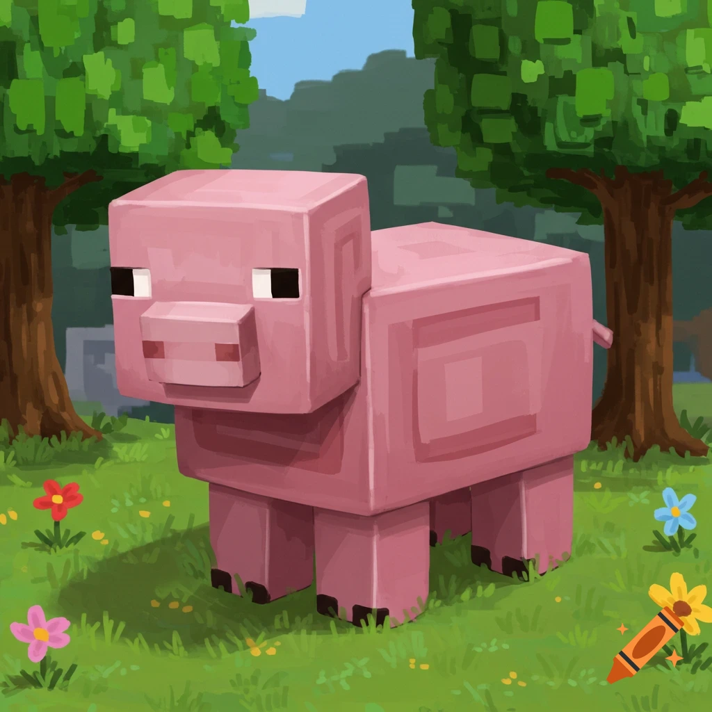 A blocky pink Minecraft pig stands in a grassy field with trees and flowers.