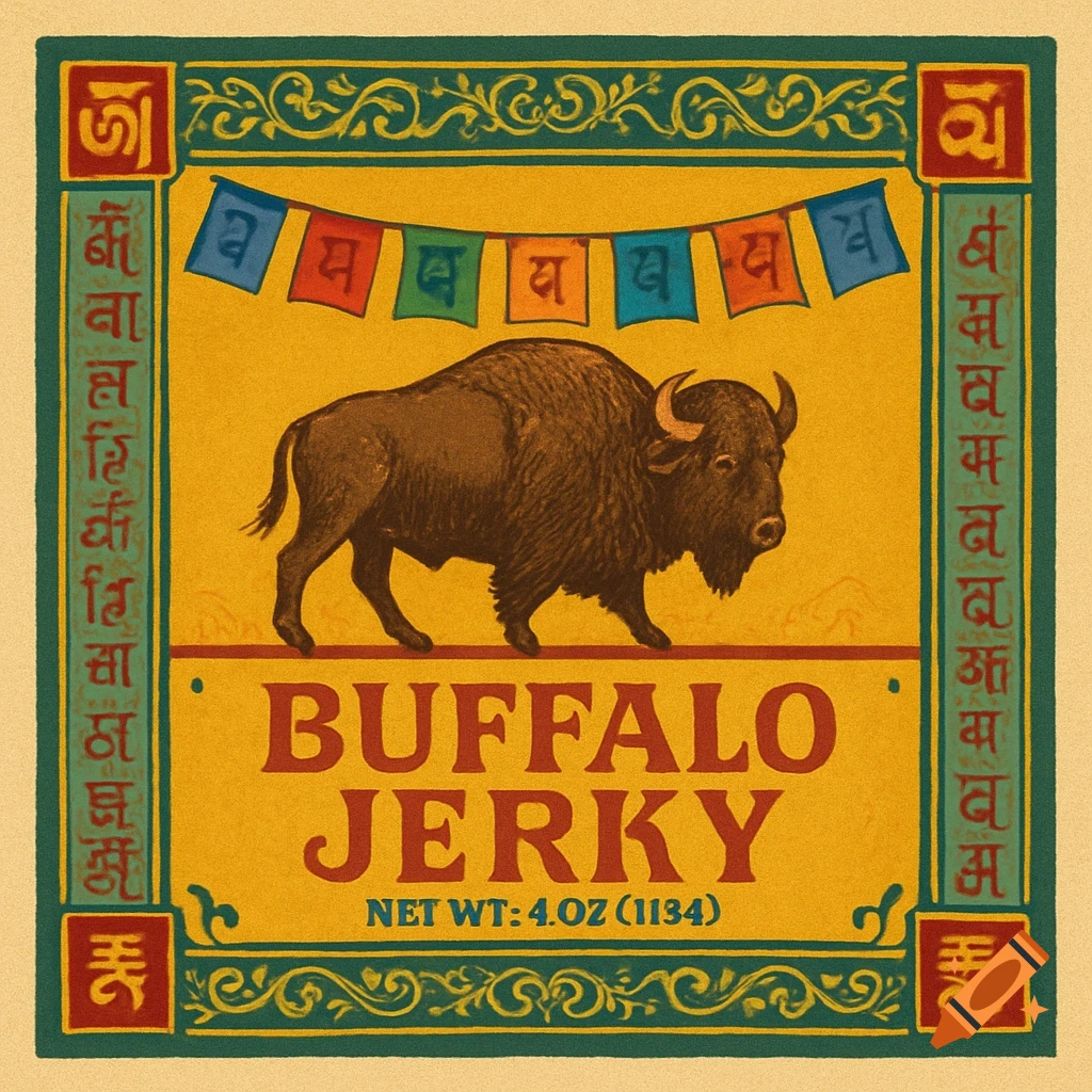 A vintage-style buffalo jerky label with a walking buffalo illustration, Tibetan prayer flag motifs, and decorative text.