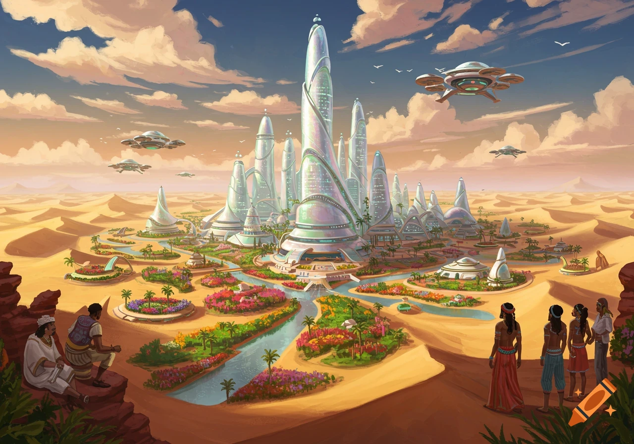 A futuristic city oasis with towering buildings, gardens, and flying vehicles in a desert, viewed from a hill.