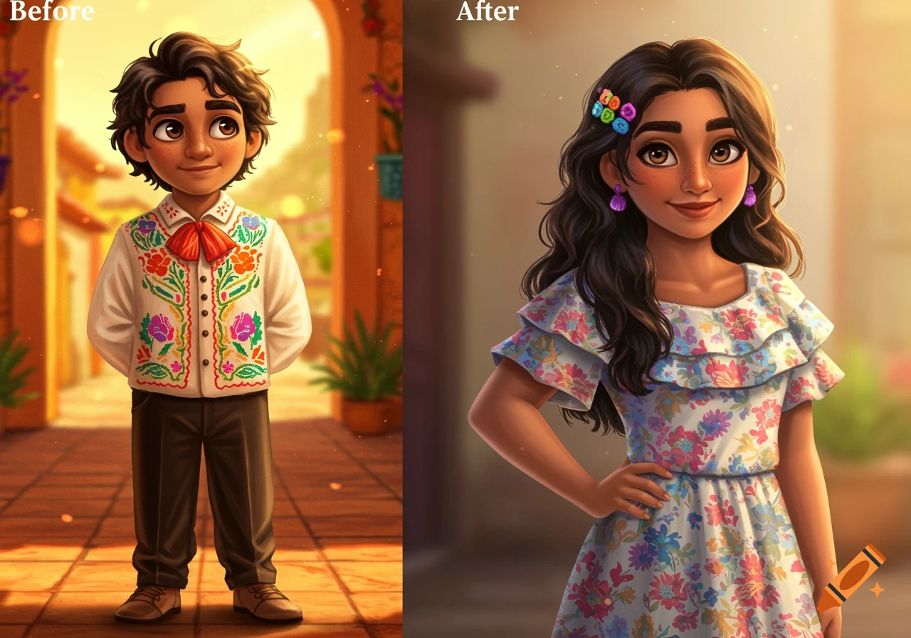 A boy in traditional Mexican clothing transforming into a girl in a floral dress.