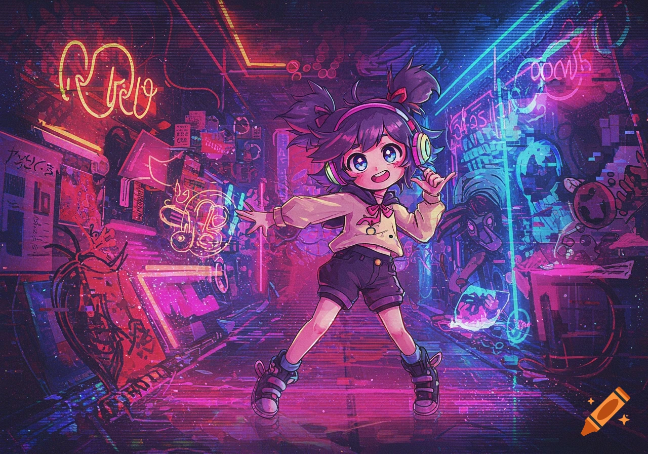 Anime girl with headphones dancing in a vibrant, neon cyberpunk scene.