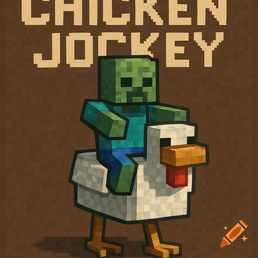 Minecraft-style zombie riding a chicken with 'CHICKEN JOCKEY' text