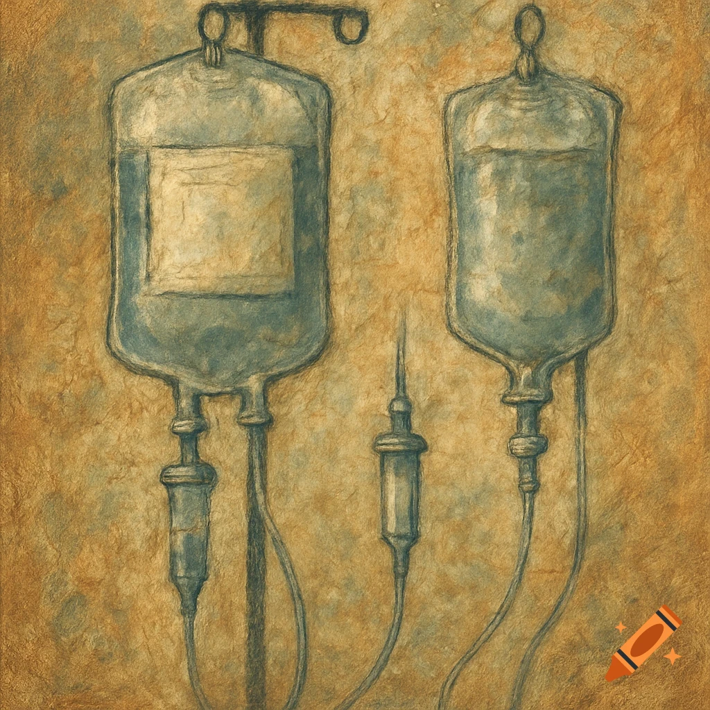 Two medical IV bags with a textured background.