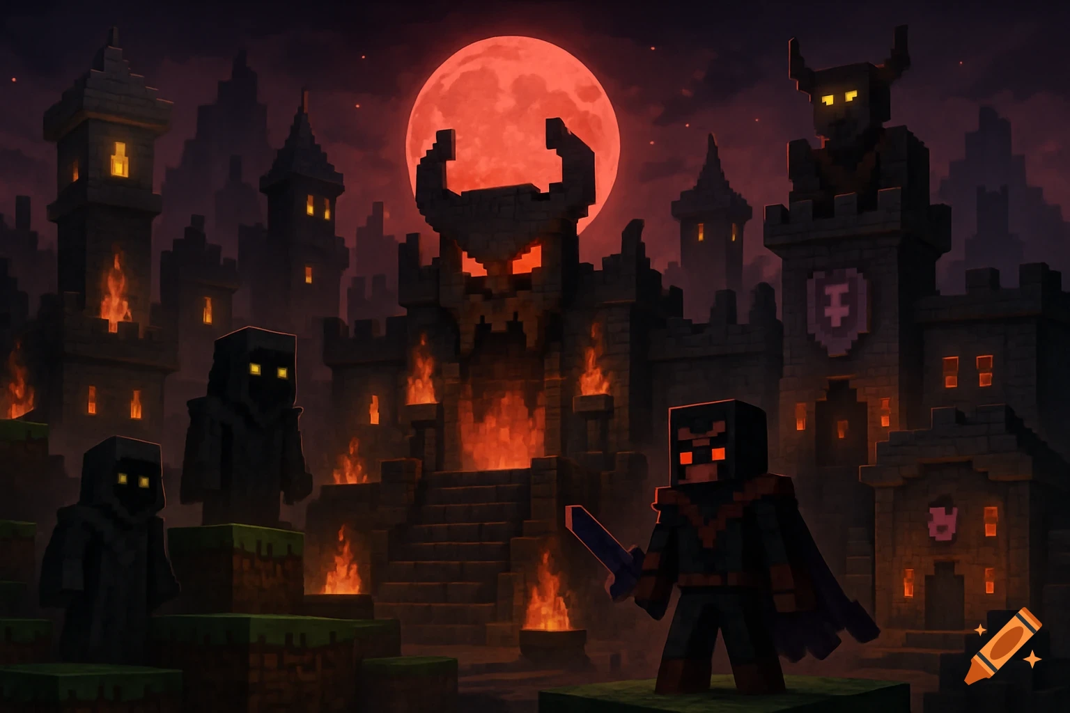 Dark Minecraft fortress with monsters and character under a red moon.