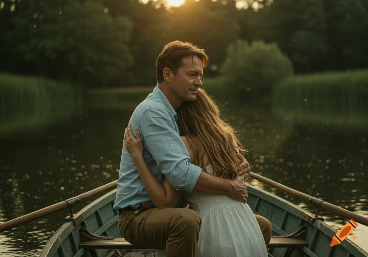 A man hugs a woman in a rowboat on a lake at sunset.