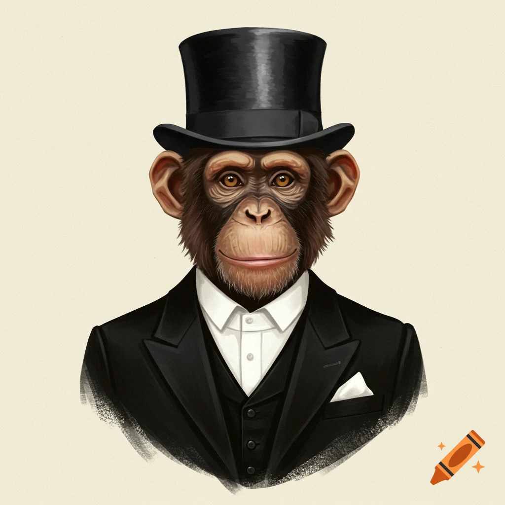 Illustration of a chimpanzee wearing a black top hat, suit, and vest.