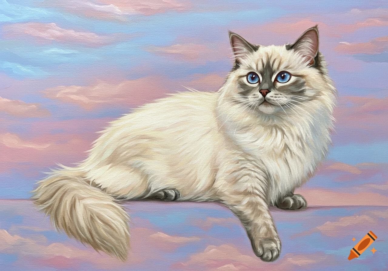 A ragdoll cat in a pastel painting of a sky.