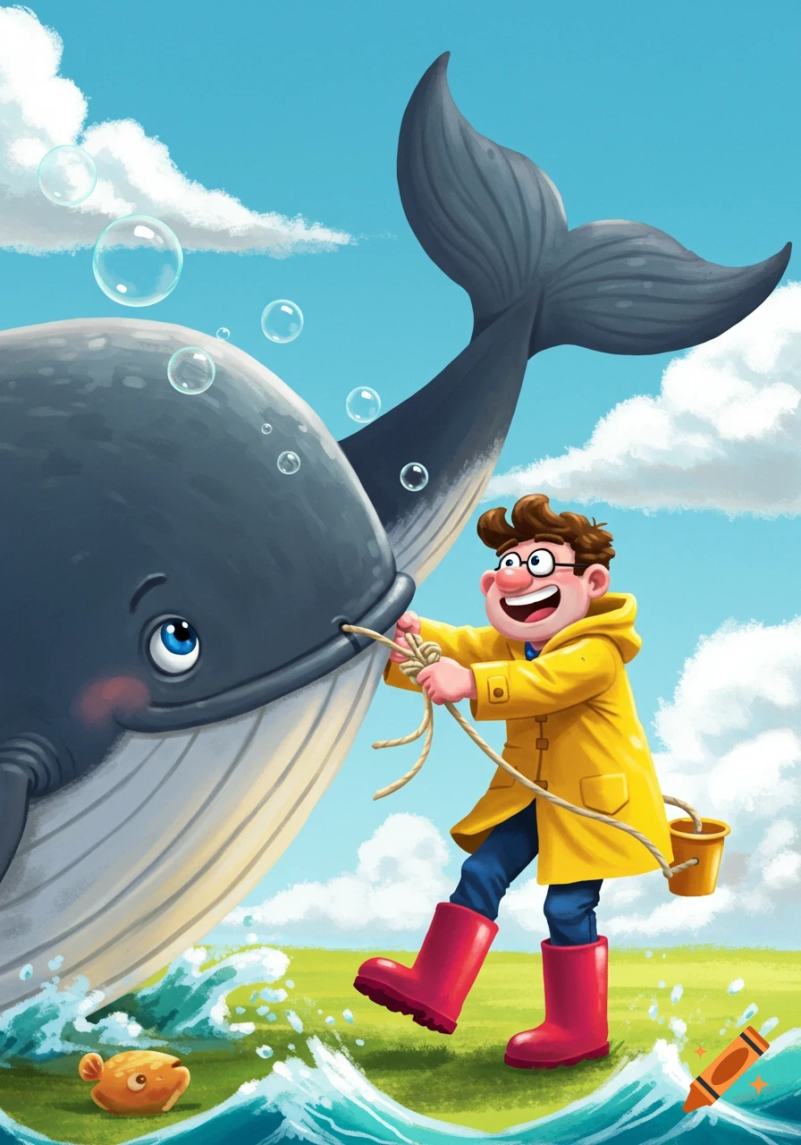 Cartoon illustration of a boy in a yellow coat pulling a rope attached to a whale