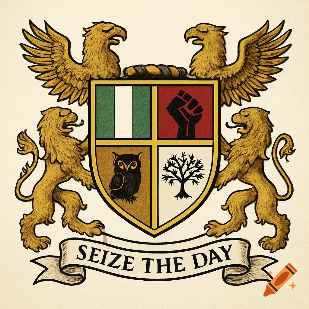 Illustrated coat of arms with lions, eagles, shield, and 'SEIZE THE DAY' banner.