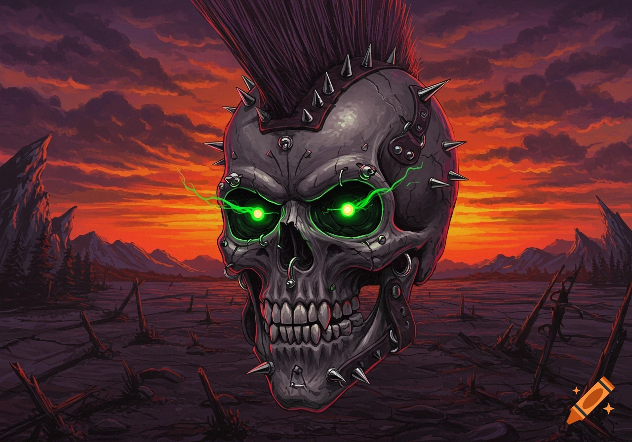 A stylized punk rock skull with glowing green eyes is centered against a dark landscape at sunset.