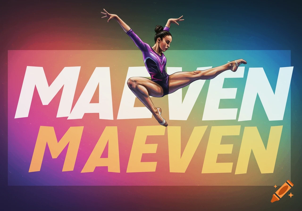 Illustration of a gymnast doing a leap with MAEVEN text behind her.