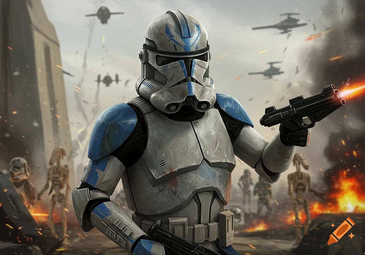 A clone trooper firing a blaster in a battle scene with other troopers, droids, and vehicles in the background.