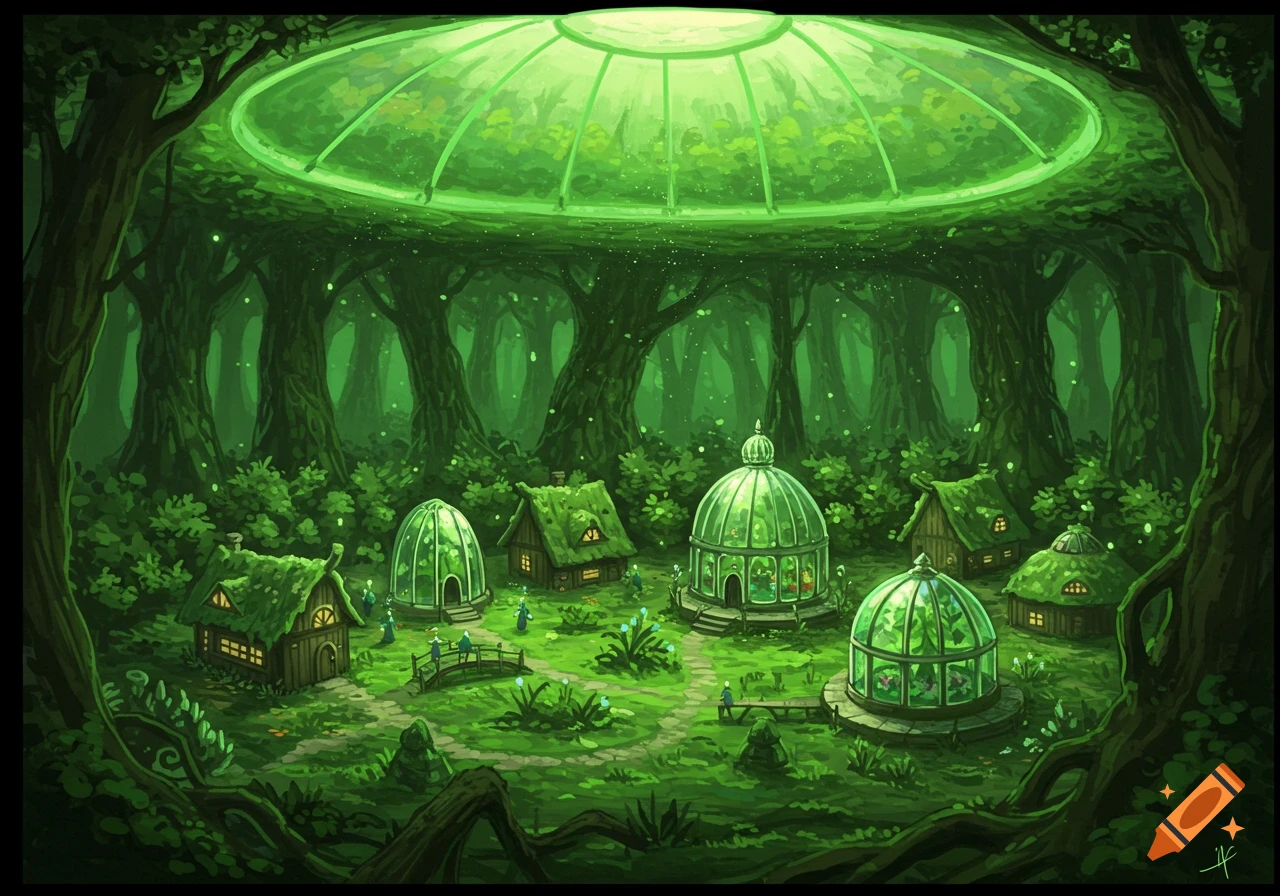 Lush green fantasy village in a forest under a dome, with houses and glass greenhouses, illustration.