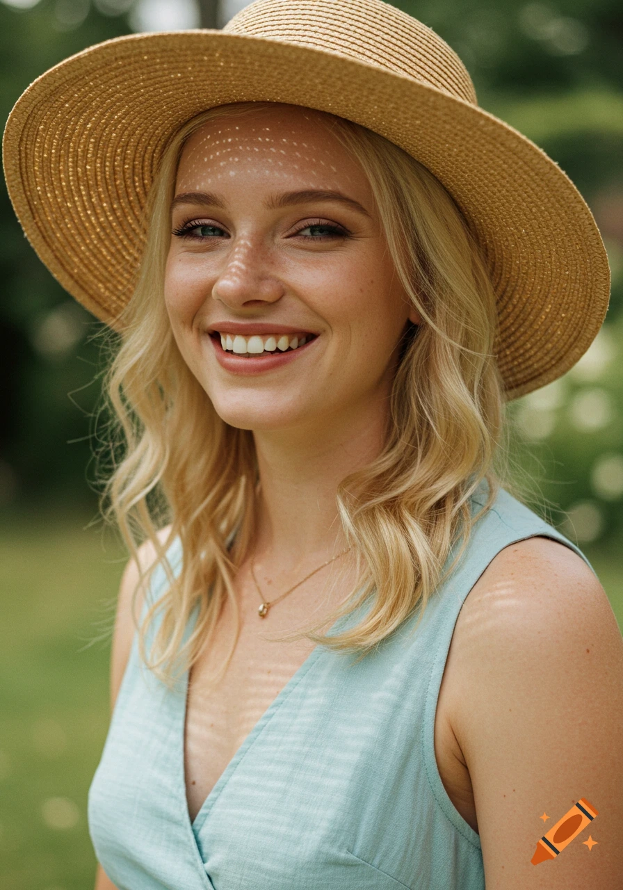 A smiling young woman in a straw hat and blue dress stands outdoors in dappled sunlight.