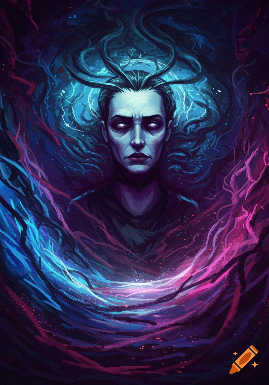 A figure with glowing eyes is surrounded by swirling blue and pink energy.