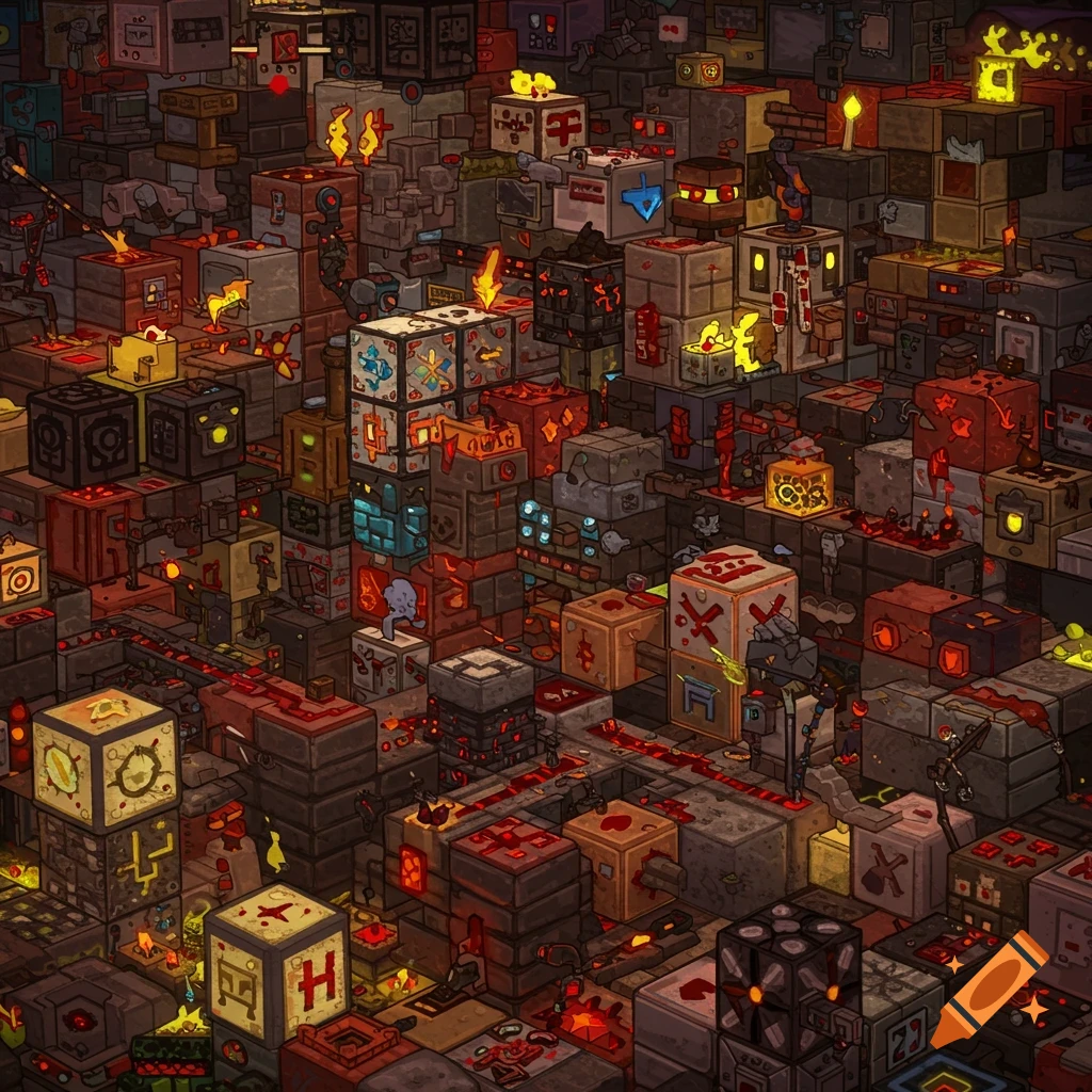 Detailed isometric view of complex machinery made of blocks and glowing red elements, similar to Minecraft redstone contraptions.