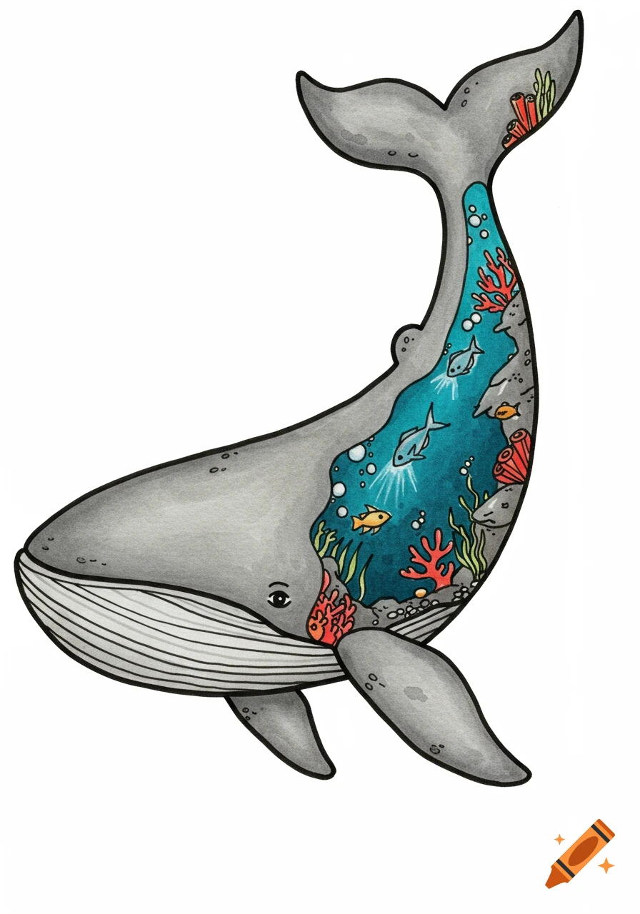 Drawing of a whale with a cutout section revealing an underwater scene inside.