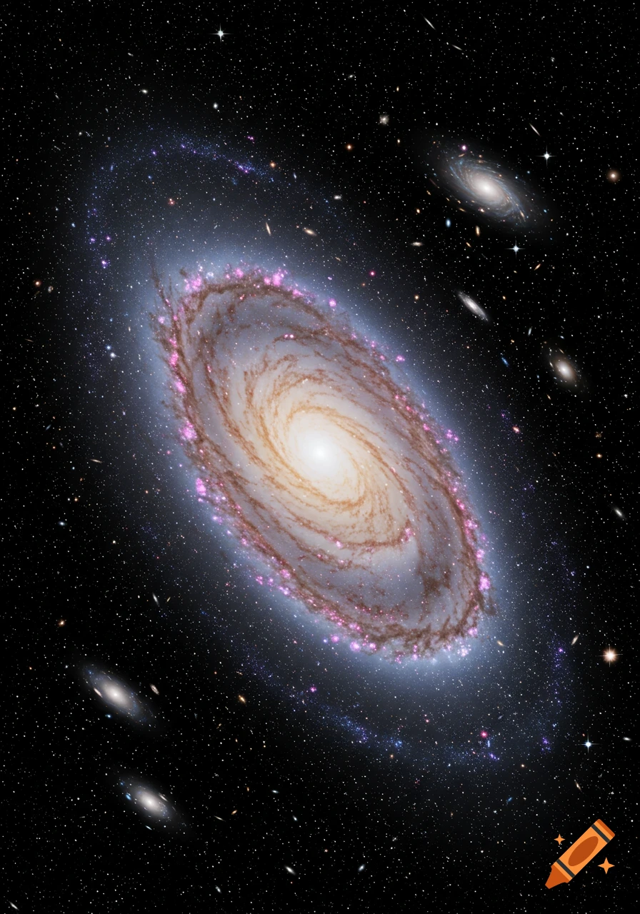 A large spiral galaxy surrounded by stars and smaller distant galaxies in space.