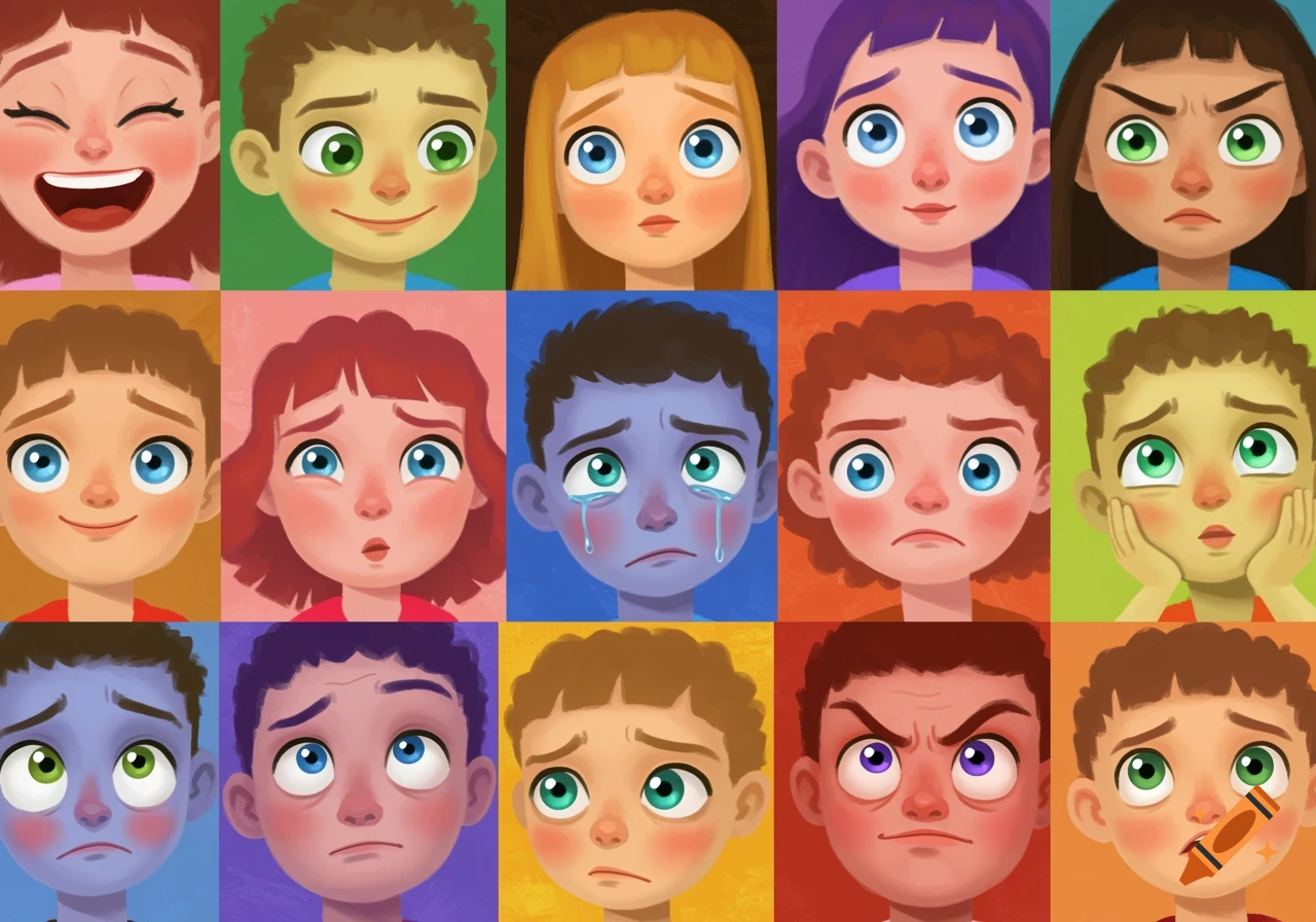 A grid of cartoon children's faces expressing different emotions like happiness, sadness, anger, and surprise.