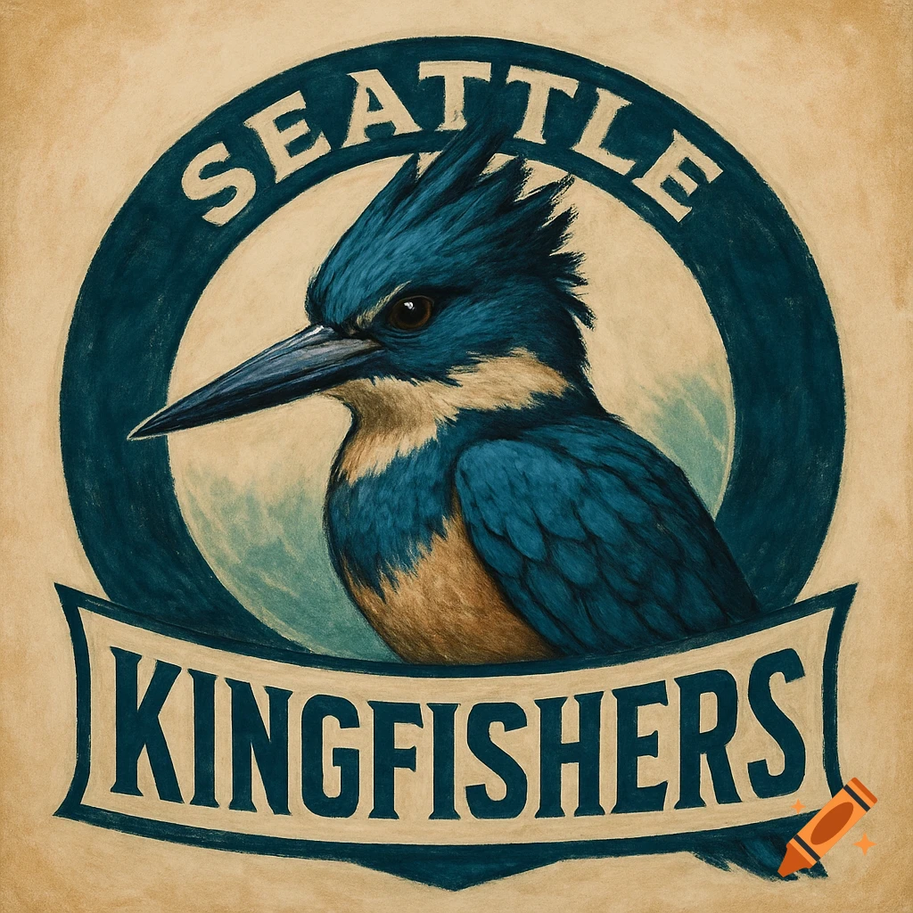 Painted logo for Seattle Kingfishers team featuring a kingfisher bird.