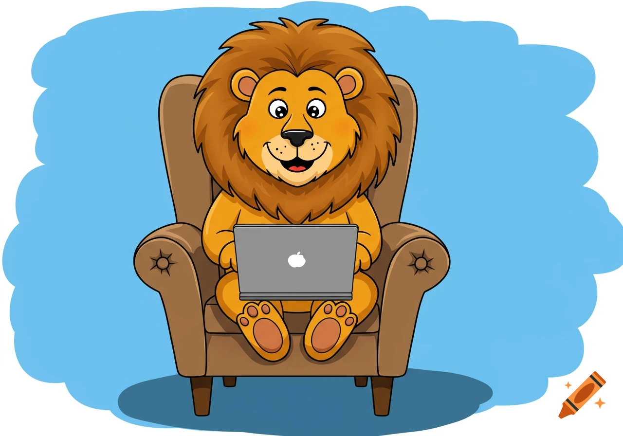 Cartoon lion sitting in armchair with laptop