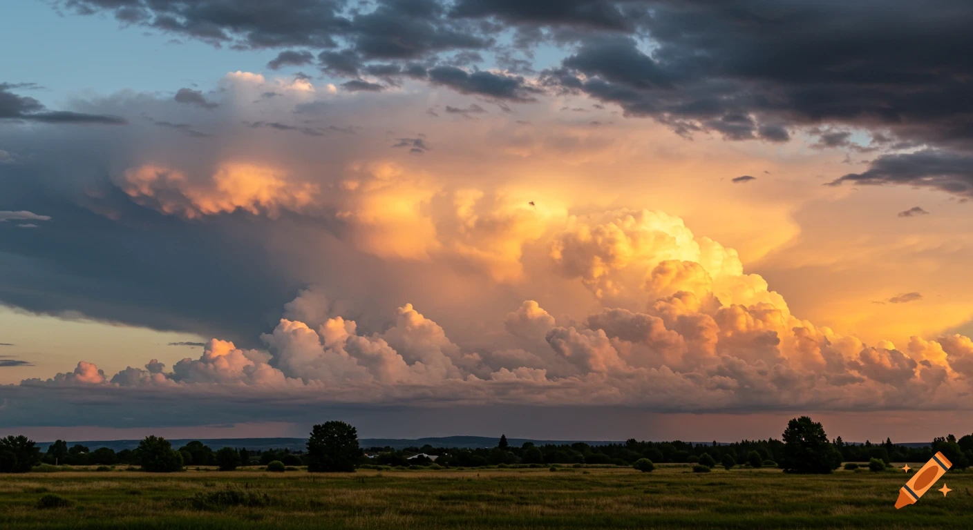 Dramatic cumulonimbus clouds illuminated by the evening sun over a field with trees.