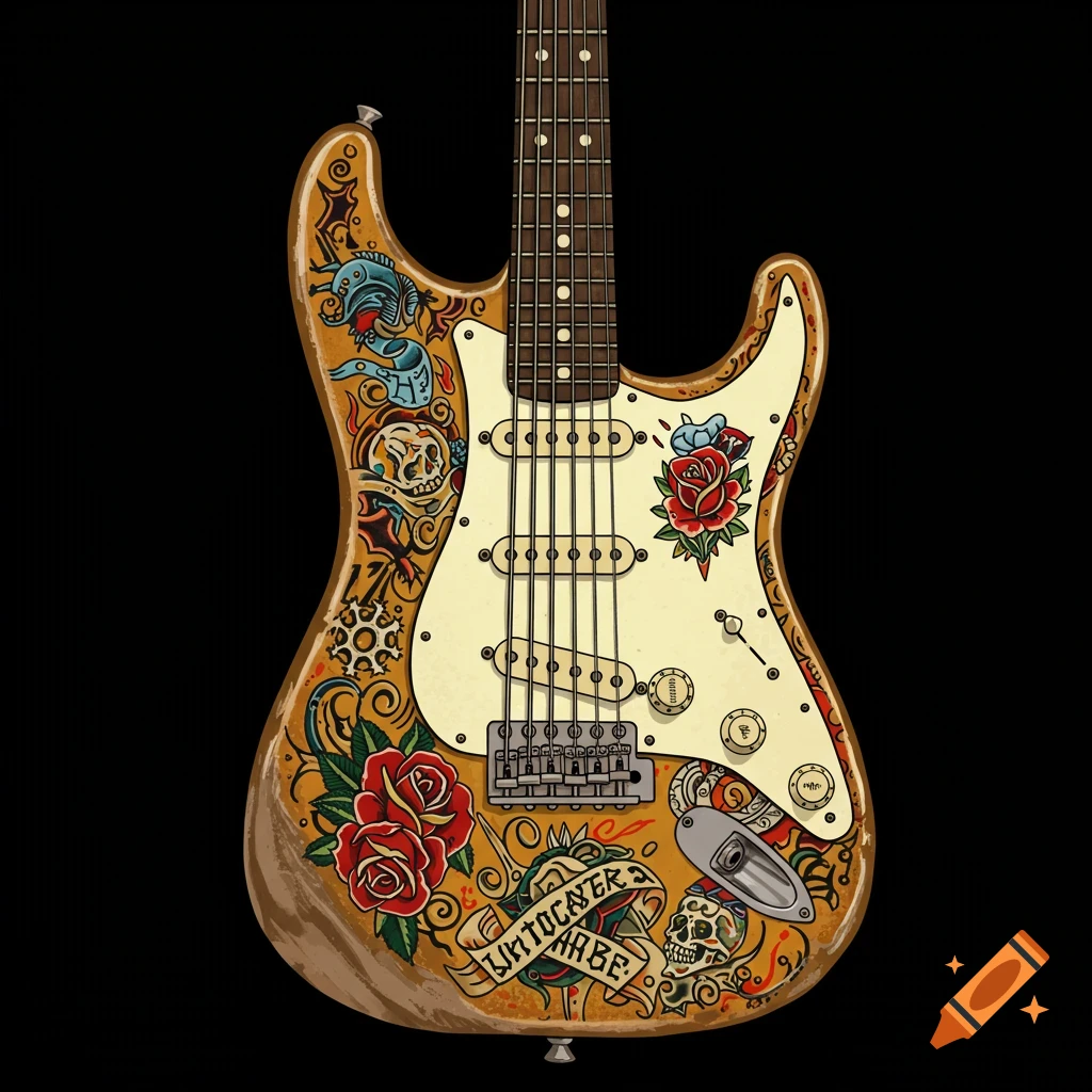Fender Stratocaster guitar decorated with old school tattoo designs of roses, skulls, and a banner.