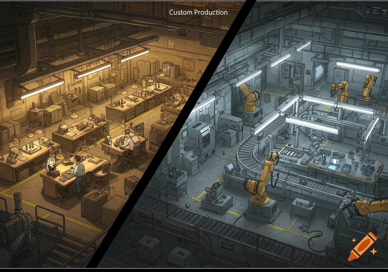 A factory floor split into custom and mass production sections.