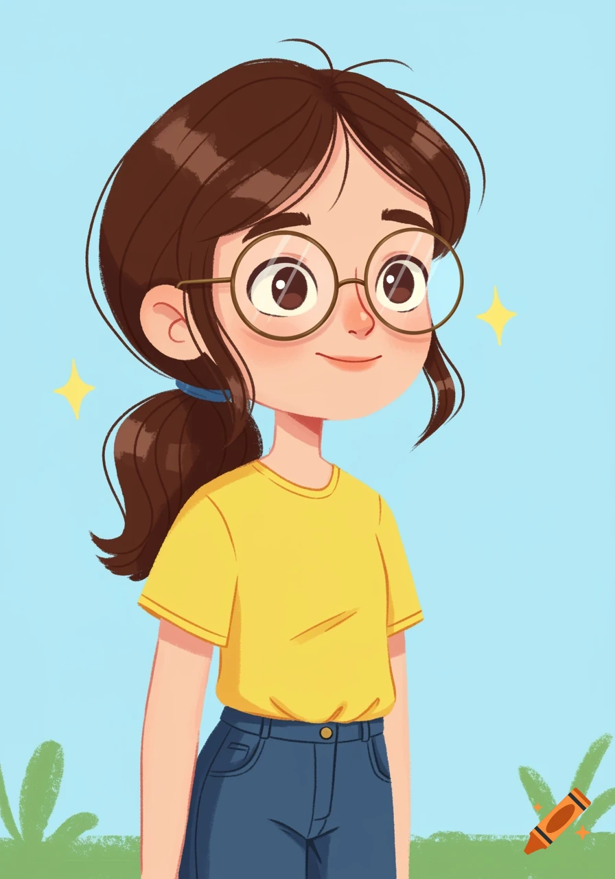 A cartoon girl with glasses and a ponytail wears a yellow t-shirt and jeans against a blue background in a simple illustration style.