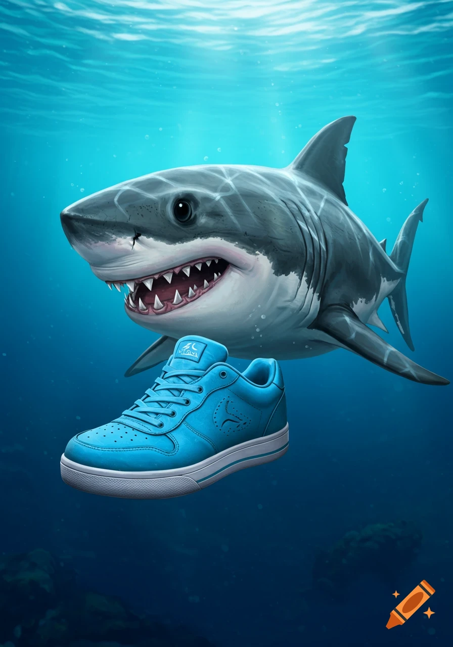 A shark swimming underwater next to a blue shoe.