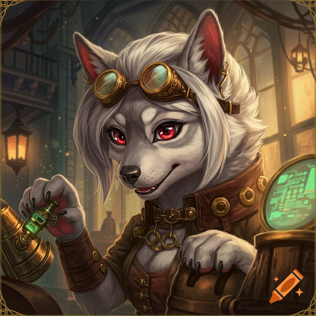 Steampunk furry with goggles holding a bottle in a lab