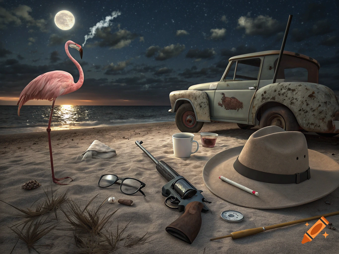 Photorealistic image of a flamingo on a beach at night with a car, pistol, hat, and glasses on the sand.