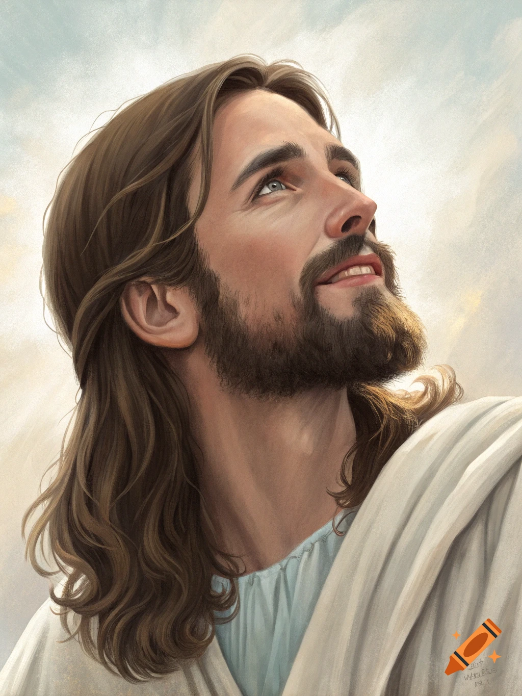 Jesus looking up at a cloudy sky.