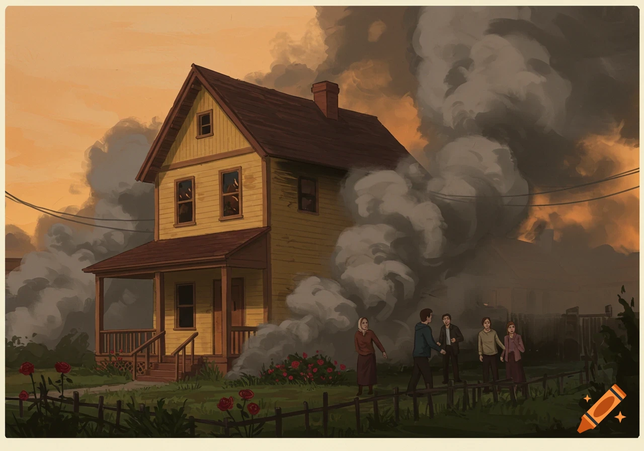 Illustration of a yellow house with smoke billowing out, with several people watching in the foreground.