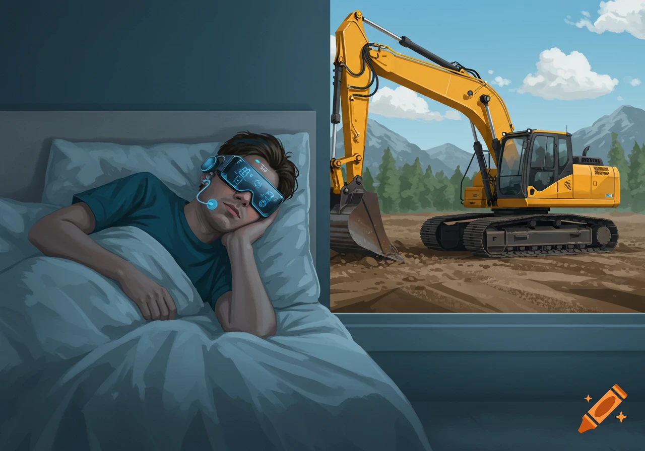 Person sleeps in bed wearing a tech headset, with an excavator visible outside the window.