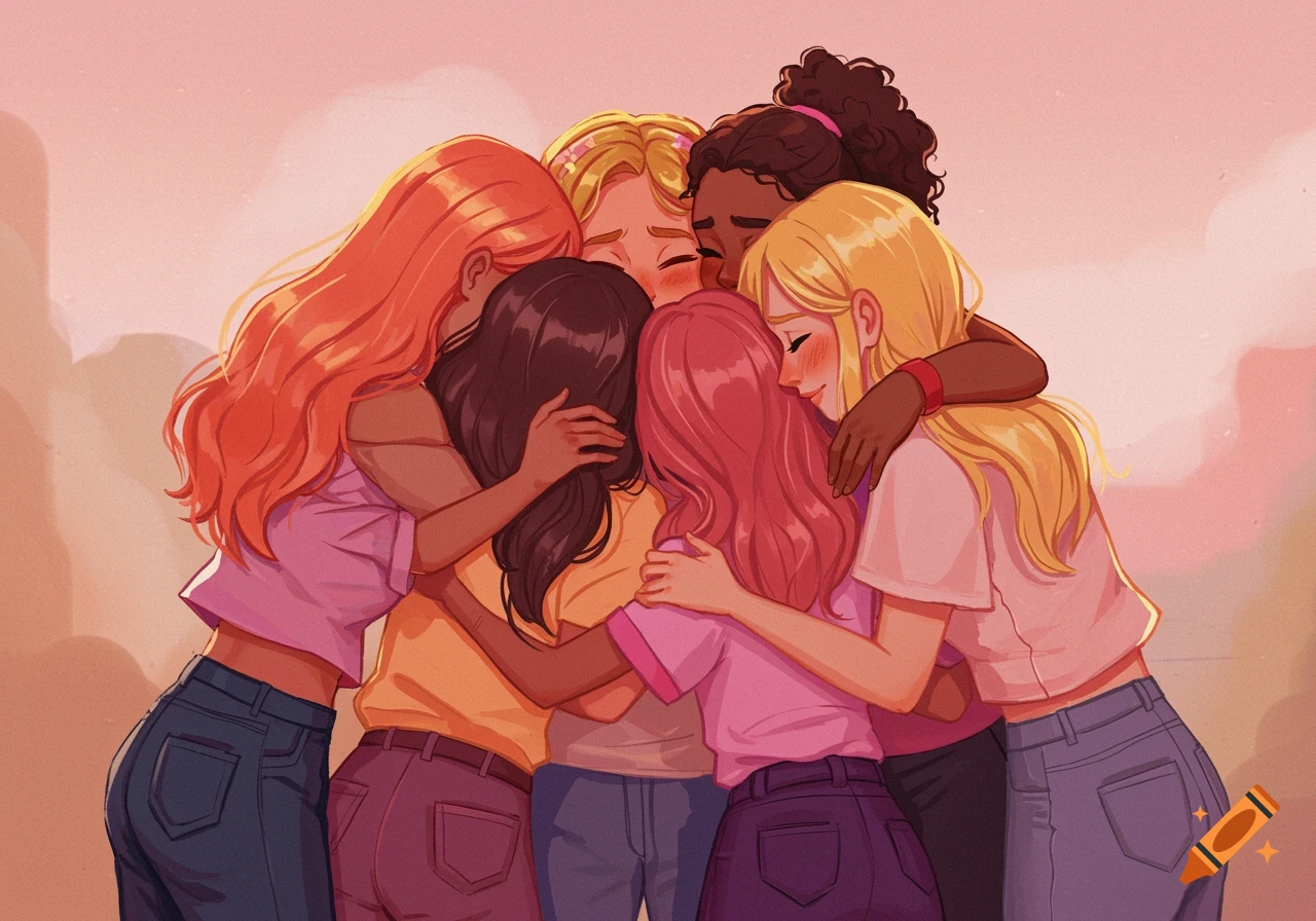 Illustration of five women or sisters hugging