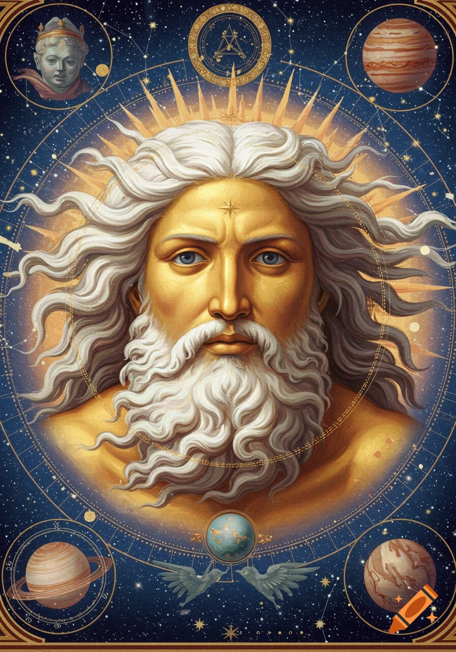 a golden deity with white hair and beard is surrounded by astrological symbols and planets in space