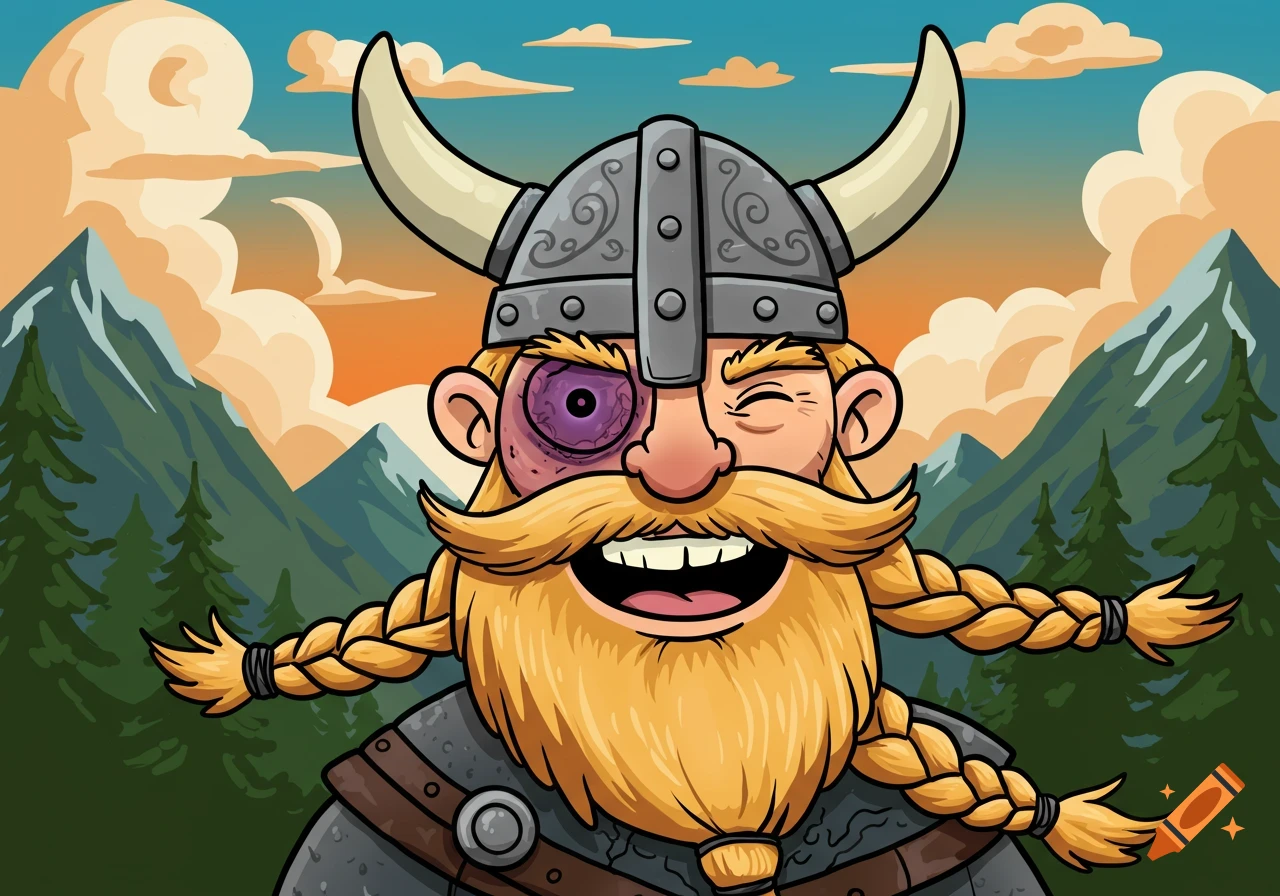 Cartoon Viking man with purple bruise around left eye against mountain landscape at sunset.