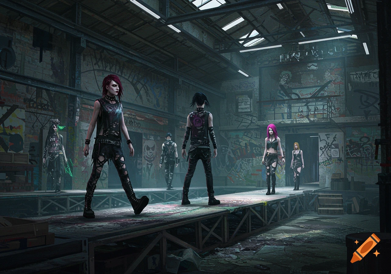 People in grunge fashion walk a runway in a graffiti-covered warehouse.