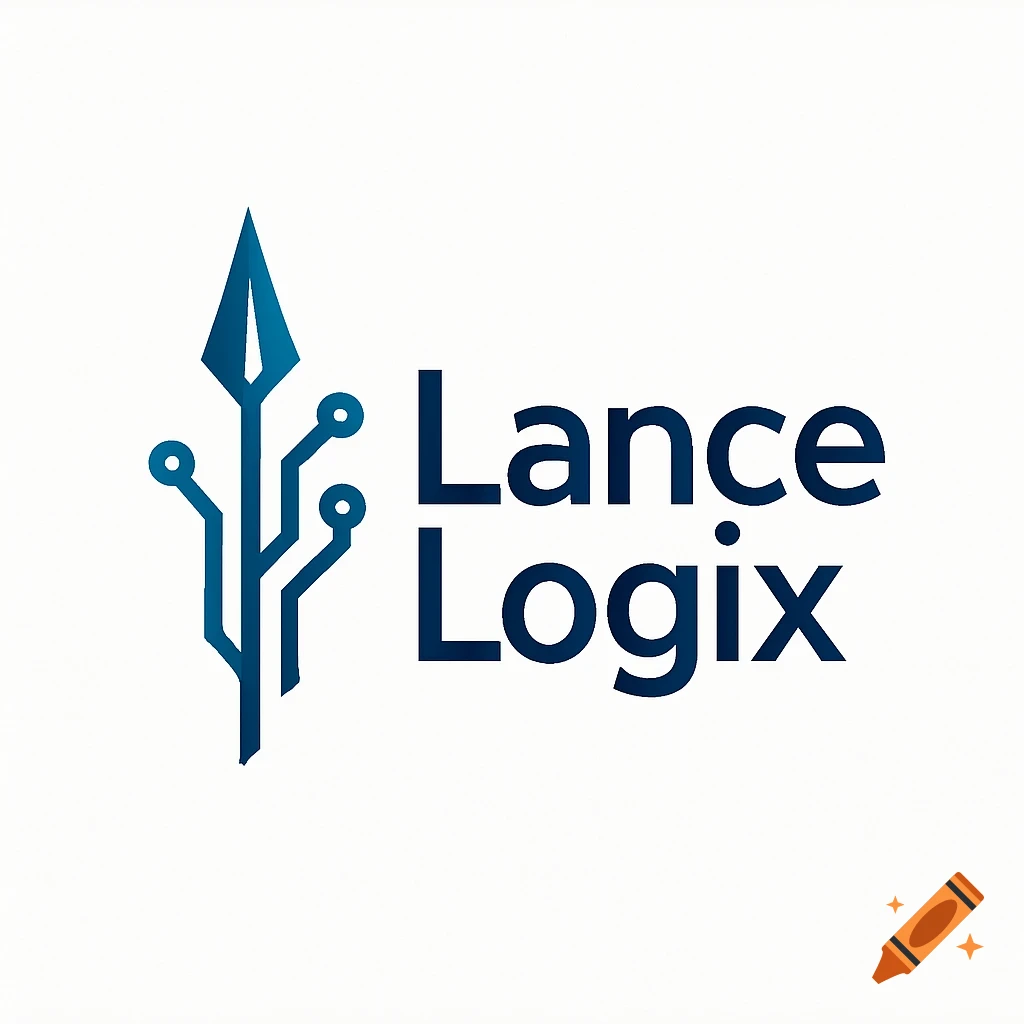 Minimalist logo with blue spear and circuit design next to the words Lance Logix